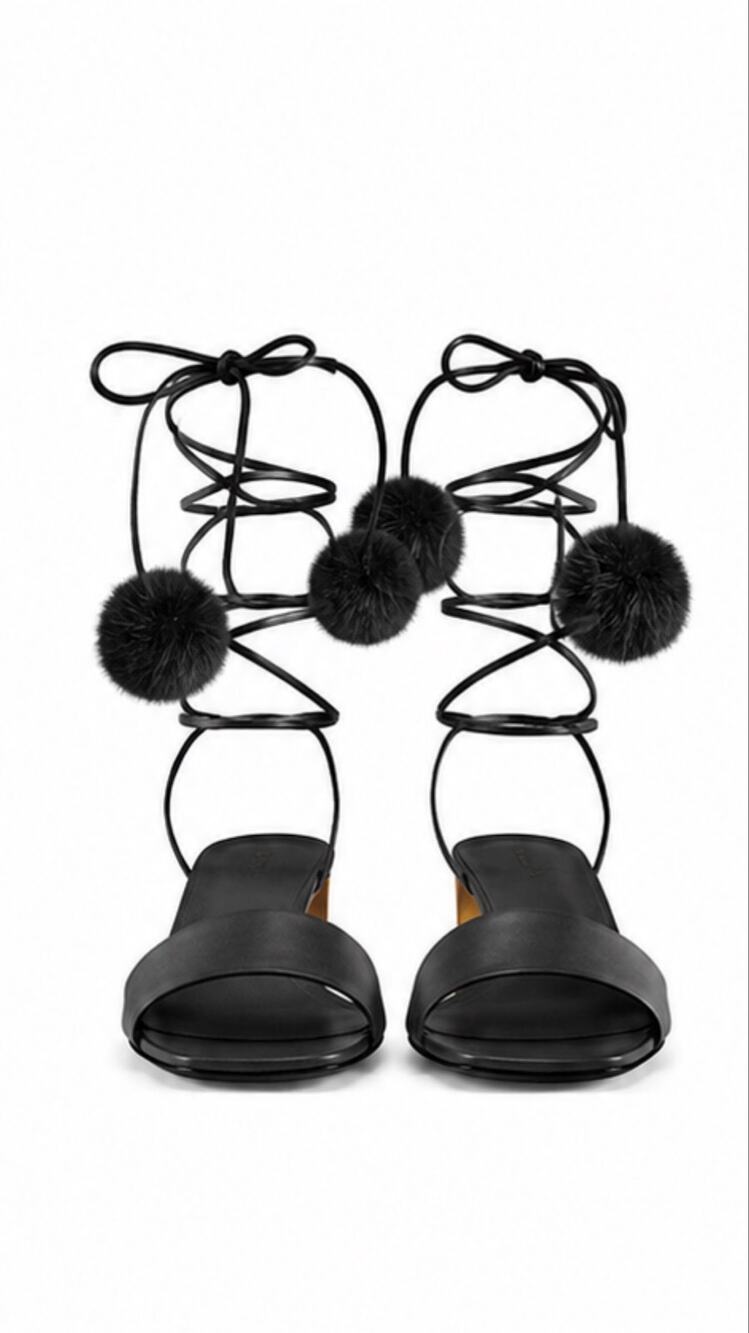 Gucci Heloise Black Calfskin Lace Up Mink Pom Pom Heels Sandals EU 37.5